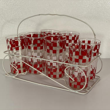 Vintage Red &amp; White Checkered Glasses with Carrier - Set of Eight 