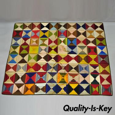 Antique Folk Art Handmade Quilt Blanket Diamond Patchwork Green Yellow Red 76x62