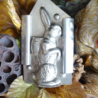Antique 1930's Chocolate Rabbit Mold, Pewter Covered Steel, Vintage Easter Bunny, Double Sided, Original Clips 