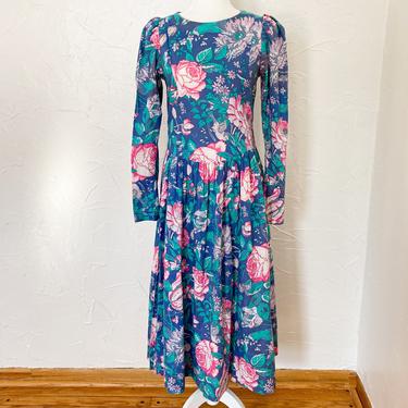 80s Laura Ashley Blue Green Pink Floral and Bird Print Dress | Medium 