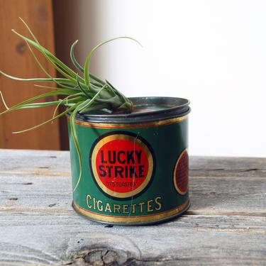 Lucky Strike cigarette tin / vintage round Lucky Strike tin / vintage advertising tobacco litho can / rustic cigarette canister 