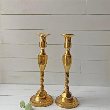 Vintage Classic Brass Candle Holder Pair | Medium Sized Etched Brass Candle Holder | Antique Brass Taper Holder, Rustic, Farmhouse, Gift 