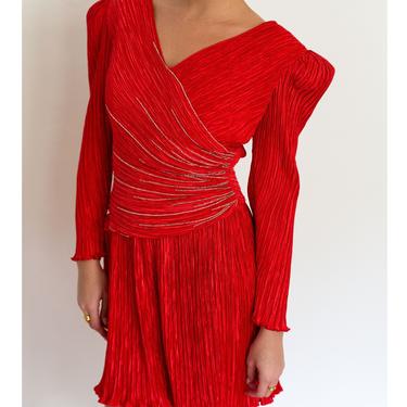 1980s Pierre Labiche Red Fortuny Pleat Beaded Dress with Puff Sleeves 80s Plissé sz S Micro Pleat Evening Sequined Wrap 