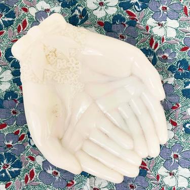 Vintage Milk Glass White Hands Soap Dish Avon Jewelry Holder Trinket Bowl Bow Flowers 