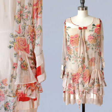 1920s Dress / Floral Chiffon Dress with Matching Head Scarf! / Satin Stripes / Short Length 