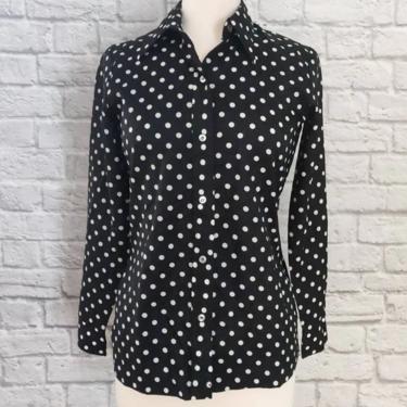 Vintage 70s Polka Dot Blouse // Black and White Button-Up with Pointed Collar 