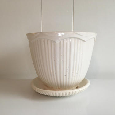 Vintage Brush McCoy Style White Planter Attached Saucer Mid-Century Pottery Pot Made in the USA 1950s 
