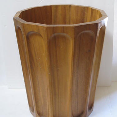 Teak Garbage Can Mid Century Modern Wastepaper Basket Teak Wood Planter Round Wooden Bin Danish Modern Recycling Basket MCM Office 