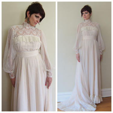 1980s Wedding Dress / 80s Neo Edwardian Wedding Dress /Ivory Mesh Boho Lace / Bridal Gown Dotted Swiss Cream Mesh Long Sheer Sleeves 