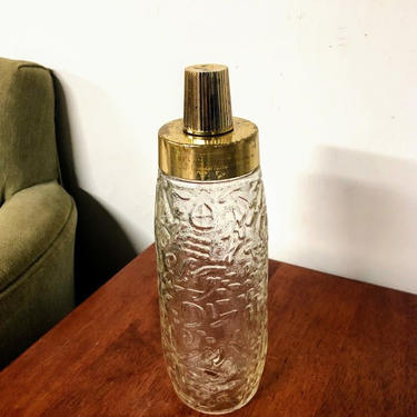 Vintage Mid Century Modern Embossed Glass and Gold Top Bottle Decanter 