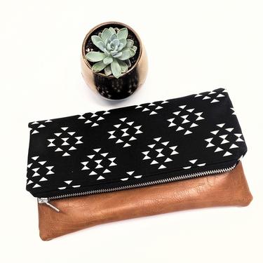 Black and White Tribal Clutch: Fold Over Clutch, Vegan Leather Bag, Vegan Clutch, Bridesmaid Gift, Neutral Clutch 