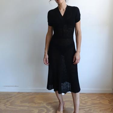 Vintage 40s Black Ribbed Knit Dress/ 1940s Mid Length Semi Sheer Short Sleeve Dress/ Dupont Orlon/ Size Small 