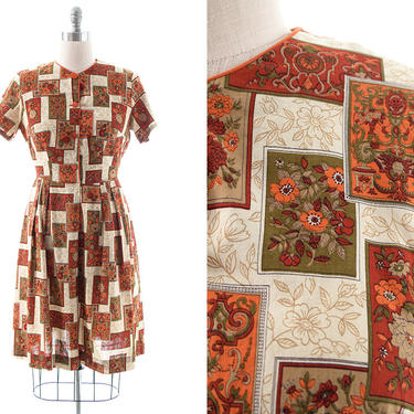 Vintage 1960s Shirt Dress | 60s Floral Geometric Printed Cotton Orange Fit and Flare Shirtwaist Day Dress (large) 