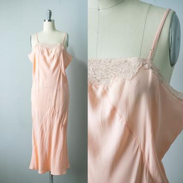 1930s Slip Peach Pink Rayon Bias Cut Dress L 