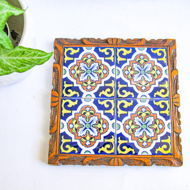 Vintage Hand Made Painted Tile and Carved Wood Tray /Trivet - From Mexico 