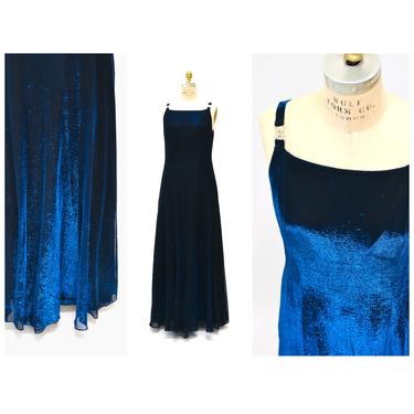 90s 00s Metallic Tank Dress Blue Black Long Dress Medium Large // Vintage Prom Evening Pageant Dress Blue Metallic knit Dress Medium Large 
