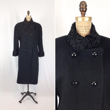 Vintage 80s coat | Vintage black wool curly hair lamb coat | 1980s Christian Dior winter coat with fur collar 
