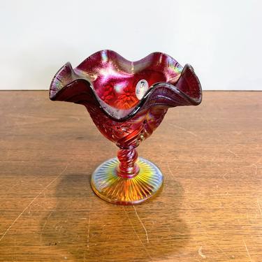 Vintage Fenton Daisy Ruby Stretch Carnival Glass Cadmium Compote Amberina 