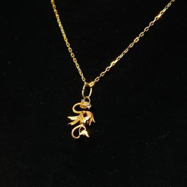 Vintage 14K Yellow Gold Diamond Dragon Pendant Necklace, Minimalist Gold Choker With Dragon Charm, 585 Jewelry, 15 3/4” L by shopGoodsVintage