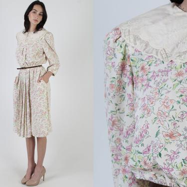 Pink Garden Floral Pockets Dress / Vintage 80s Wide Collar Dress / Rose Print Tea Party / Womens Romantic Full Skirt Midi Mini Dress 