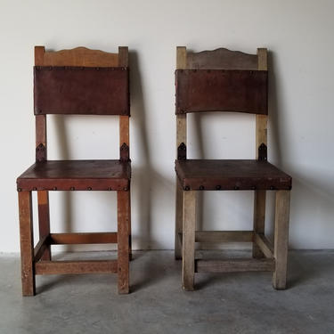 Vintage Rustic Handmade Spanish Colonial Solid Walnut and Leather Accent Chairs - a Pair 