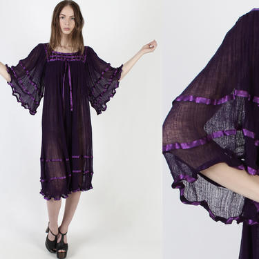 Purple Angel Sleeve Gauze Dress / Thin Big Slv Cotton Dress / Crochet Ribbon Trim Dress / Vintage 80s Kimono Festival Grecian Maxi Dress 