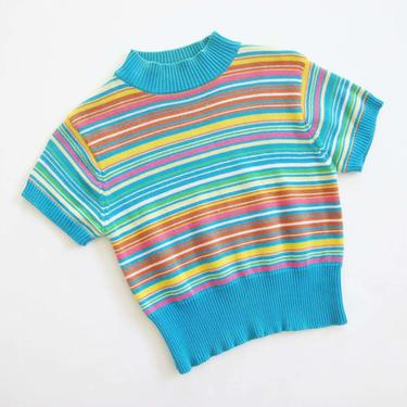 Vintage 90s 2000s Striped Knit Shirt Small - y2k Blue Pink Ribbed Mock Neck Top - Colorful 2000s Short Sleeve Blouse 