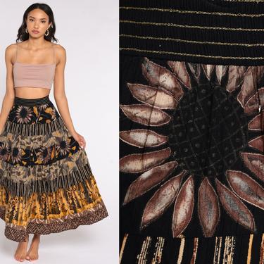 Floral Maxi Skirt 90s Black Summer Skirt Boho Tiered Sunflower Print HIGH WAISTED 1990s Long Vintage Hippie Festival Yellow Medium Large 