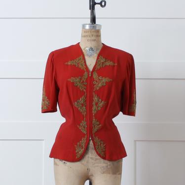 vintage 1940s red rayon blouse • zip front gold soutache &amp; beaded top • short sleeve jacket 