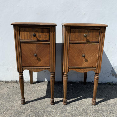 2 Antique Nightstands Tables Wood Farmhouse Victorian Traditional Bedroom Bedside Storage Tables Set of Vintage Tables Pair Pierced Metal 