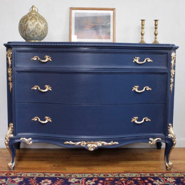 Navy Blue and Gold Vintage Dresser, Antique French Dresser, Painted Navy and Gold Dresser, French Chic Dresser, Free NYC Delivery 