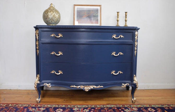 Navy Blue And Gold Vintage Dresser, Navy Blue Gold Dresser