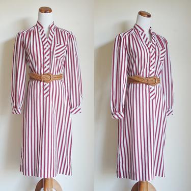 Vintage Shirt Dress, Red and White Striped Dress, Long Sleeve Dress, Yoke Dress, 80s Dress, Collarless Dress, Stripe Dress, PetiteLarge 