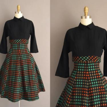 1950s vintage dress | Gorgeous Black Wool Plaid Print Sweeping Full Skirt Fall Winter Dress | XS Small | 50s dress 