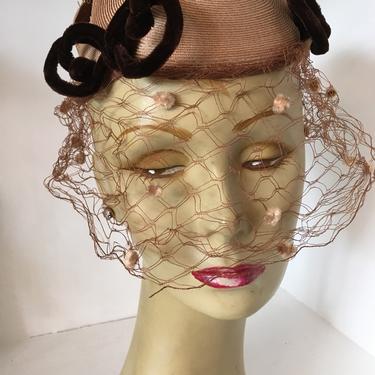 1940s skull cap, vintage hat, formal hat, Straw hat, Hat with veil, Brown hat, film noir style, Old Hollywood 