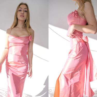 Vintage Richard Tyler Couture Bubble Gum Pink Iridescent Bustier & High Wasted Bow Wiggle Skirt Set | Made in USA | 1980s Designer Two Piece 