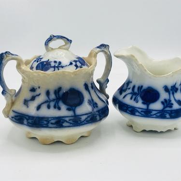 Rare find Antique Johnson Brothers &amp;quot;Holland&amp;quot; Sugar Bowl and Creamer Flow Blue - Early Mark- 