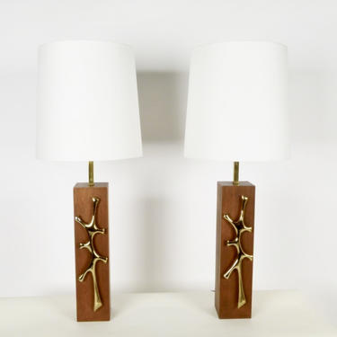 Pair of Walnut With Brass Detail Lamps