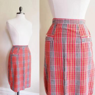 1950s Pencil Skirt Red Plaid Cotton / 50s Summer Skirt Fitted / Bobby Lou / Small 