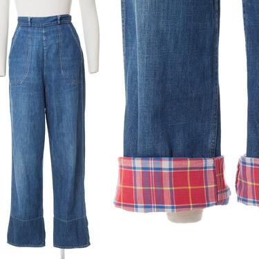 Vintage 1950s Jeans | 50s Plaid Cuff High Waisted Side Zipper Medium Wash Denim Pants (small / modern US 2) 