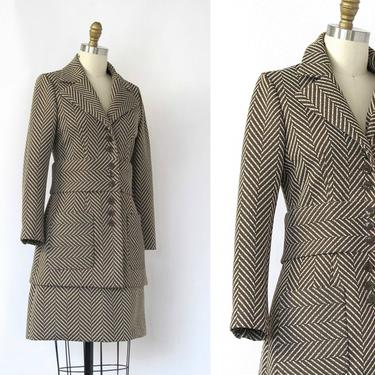 PATTERN PLAY Vintage 70s Suit | 1970s Act III sHerringbone Belted Jacket and Mini Skirt Set | Mod Brown & White Double Knit | Size Small 