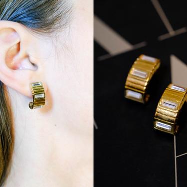 Vintage 80s Givenchy Gold Art Deco Crescent Hoop Studs w/ Emerald Cut Gems | Signed | 1980s French Designer Gold Costume Mini Hoop Earrings 