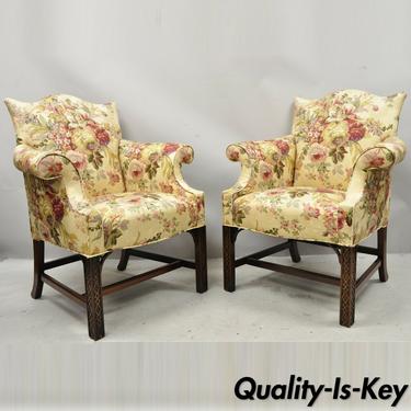 Southwood Chinese Chippendale Carved Fretwork Legs Lounge Arm Chairs - a Pair