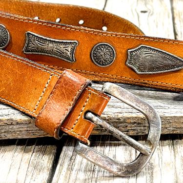 VINTAGE: Leather Belt with Silver Tone Buckle - Boho, Hipster, Western - SKU 00004886 