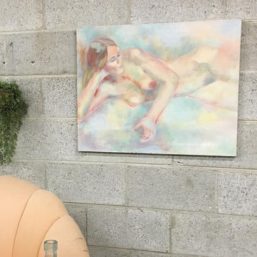 Vintage Nude Painting 1970s Retro Size 22x28 Blonde Naked Woman Laying Down + Acrylic Pastel Paint on Canvas by the Artist Abel 