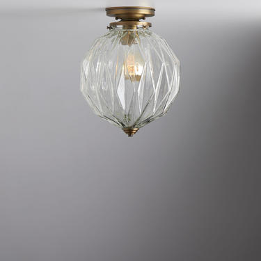 Mid century modern - ceiling light - flush mount brass light - clear glass semi flush fixture - handblown glass made in the USA 