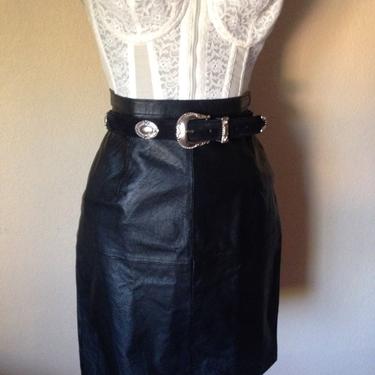 Vintage 90s 00s Classic Black Leather High Waist Skirt with Back Center Slit Knee Length Rockabilly 80s Punk Rock n Roll Goth by InAFeverDream