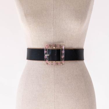 Vintage Betsey Johnson Black Leather Belt w/ Pink Floral Lucite Buckle | 100% Genuine Leather | Y2K 2000s Designer Bohemian Adjustable Belt 