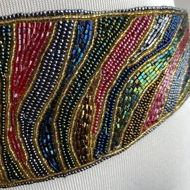VTG sparkly glass beaded belt wide colorful abstract organic pattern 70’s 80’s jewel tones women’s dress belt / size Med 
