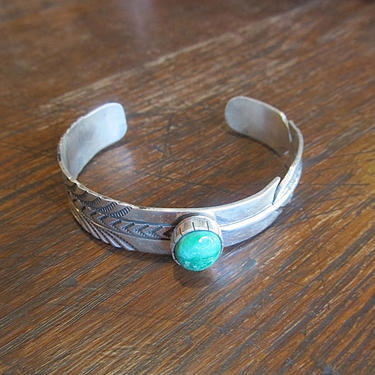 RICK ENRIQUEZ RE Silver And Turquoise Cuff | Native American Navajo Sterling Bracelet | Feather Stampwork, Stamp Work | Southwestern Jewelry 